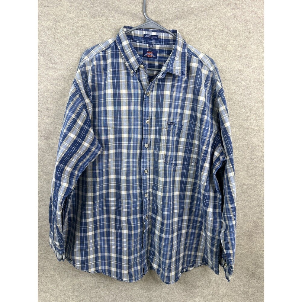 Dickies Men's Blue Plaid Long Sleeve Button Shirt Workwear Chest Pocket - 2XL